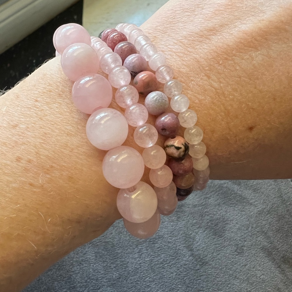 Rose quartz rhodonite beaded bracelet stack